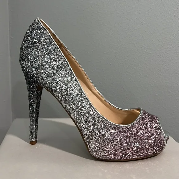 New Marc Fisher Glitter Ombré Pink Silver Bedazzled Peep Toe Heel