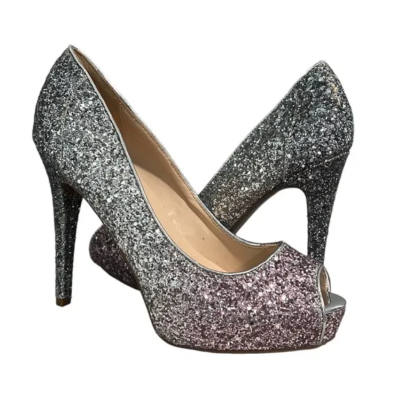 New Marc Fisher Glitter Ombré Pink Silver Bedazzled Peep Toe Heel