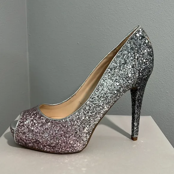 New Marc Fisher Glitter Ombré Pink Silver Bedazzled Peep Toe Heel