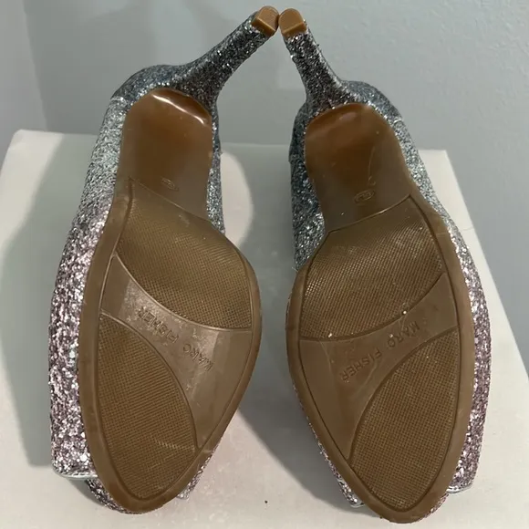 New Marc Fisher Glitter Ombré Pink Silver Bedazzled Peep Toe Heel