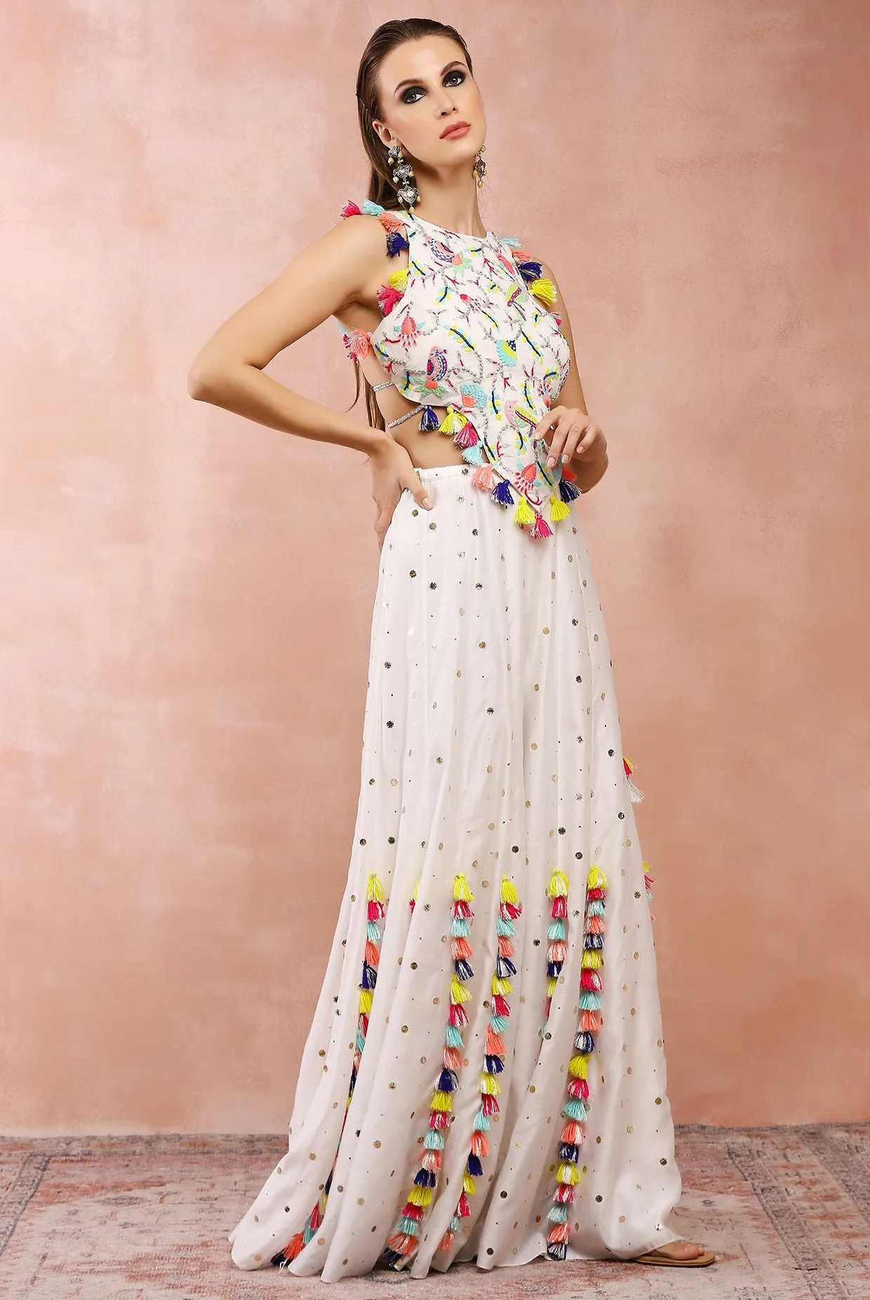 OFF WHITE EMBROIDERED CHOLI WITH SHARARA