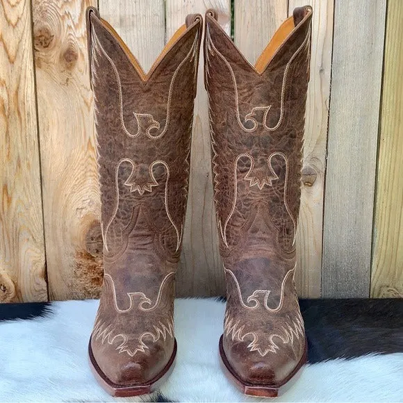 OLD GRINGO Eagle Stitched Brown Leather Mid Calf Snip Toe Cowboy Western Boots