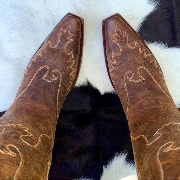 OLD GRINGO Eagle Stitched Brown Leather Mid Calf Snip Toe Cowboy Western Boots