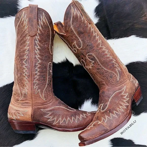 OLD GRINGO Eagle Stitched Brown Leather Mid Calf Snip Toe Cowboy Western Boots