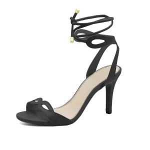 Open Toe -Tie Up Black Leather Heel