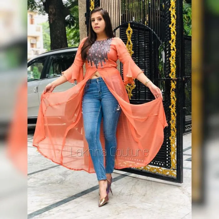 Peach Embroidered Slit Kurti