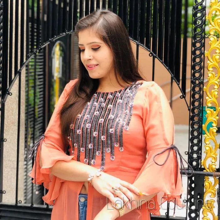 Peach Embroidered Slit Kurti