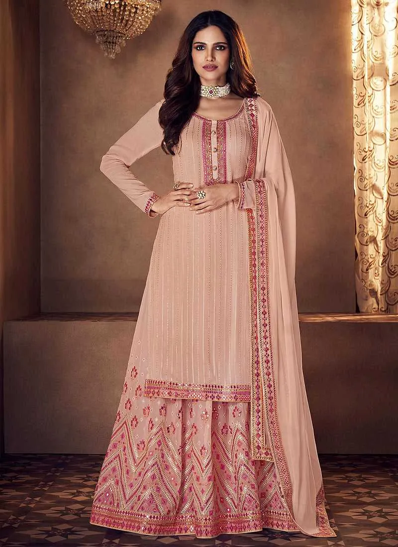 Peach Mirror Embroidered Indo Western Style Lehenga