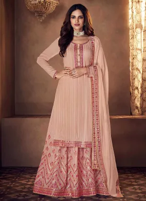 Peach Mirror Embroidered Indo Western Style Lehenga
