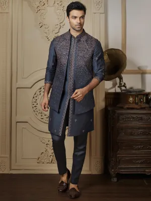 Peacock Blue Heavily Embroidered Three Piece Indo Western Set