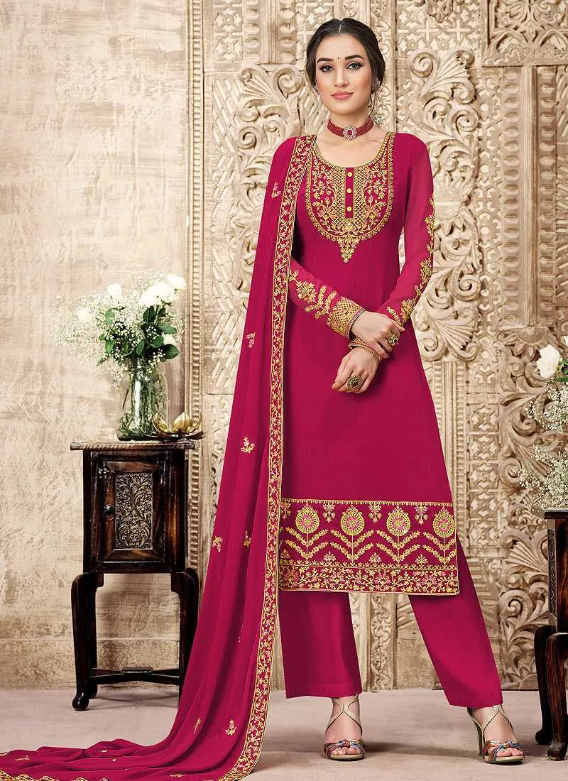 Pink and Gold Straight Cut Embroidered Pant Style Suit