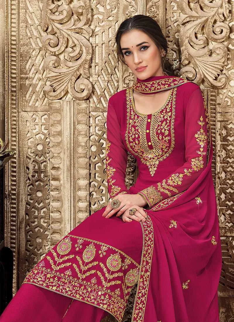Pink and Gold Straight Cut Embroidered Pant Style Suit