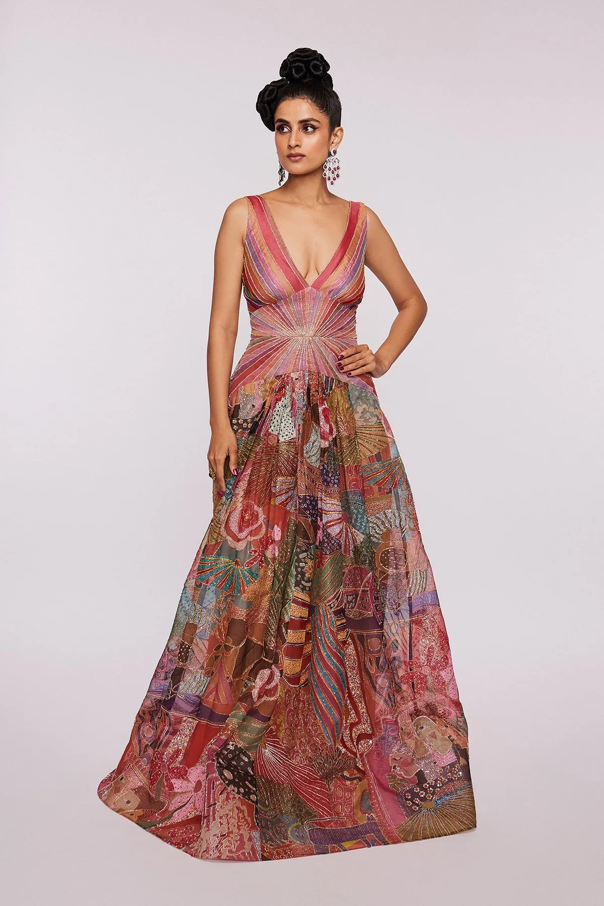 Pink Divergence Organza Printed And Embellished Gown