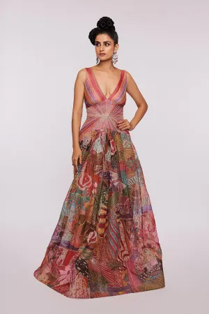 Pink Divergence Organza Printed And Embellished Gown