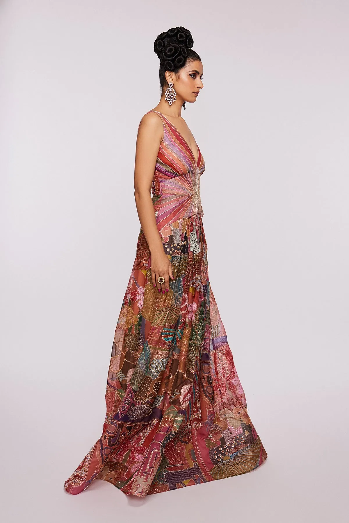 Pink Divergence Organza Printed And Embellished Gown