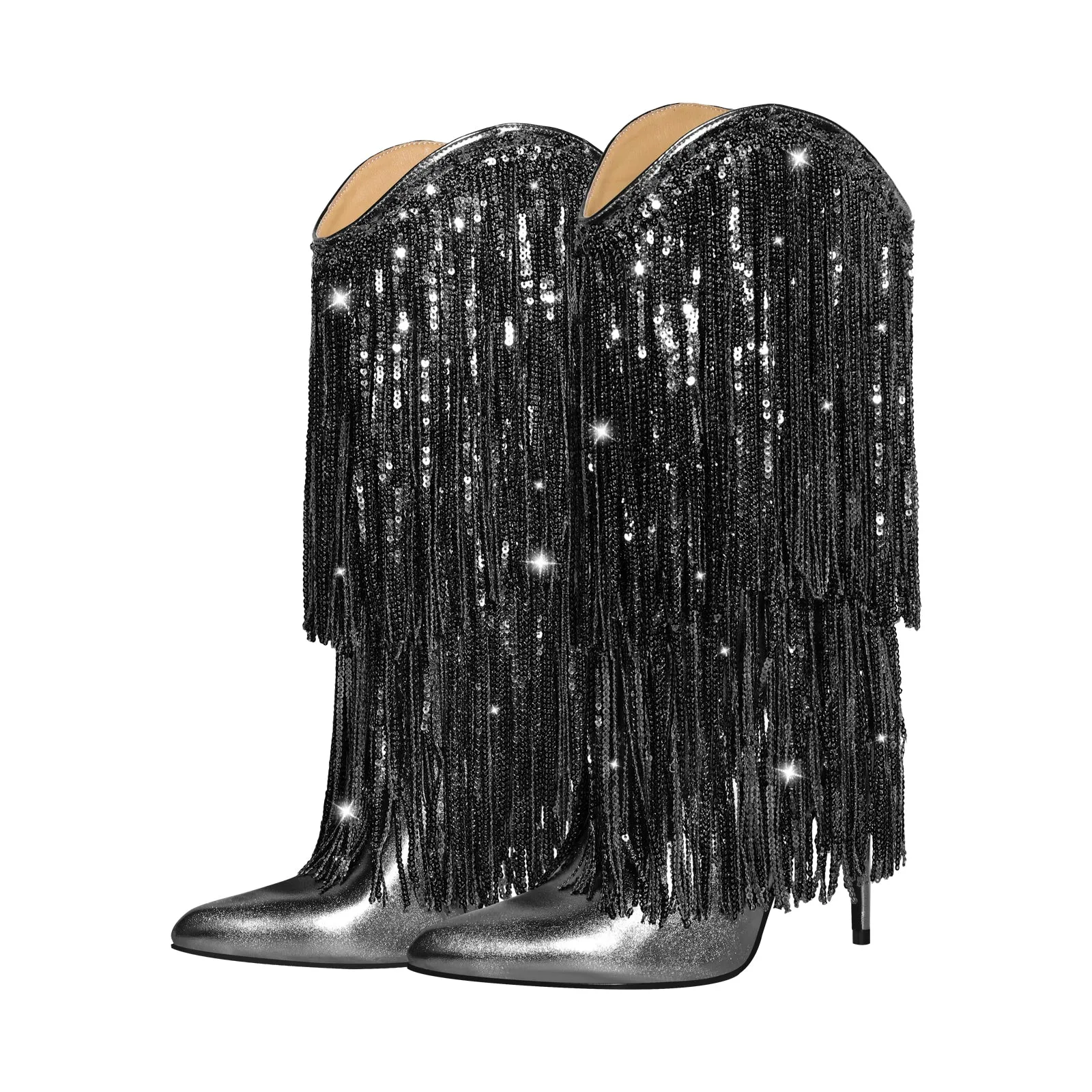 Pointed Toe Stilettos Sequin Fringe Boots