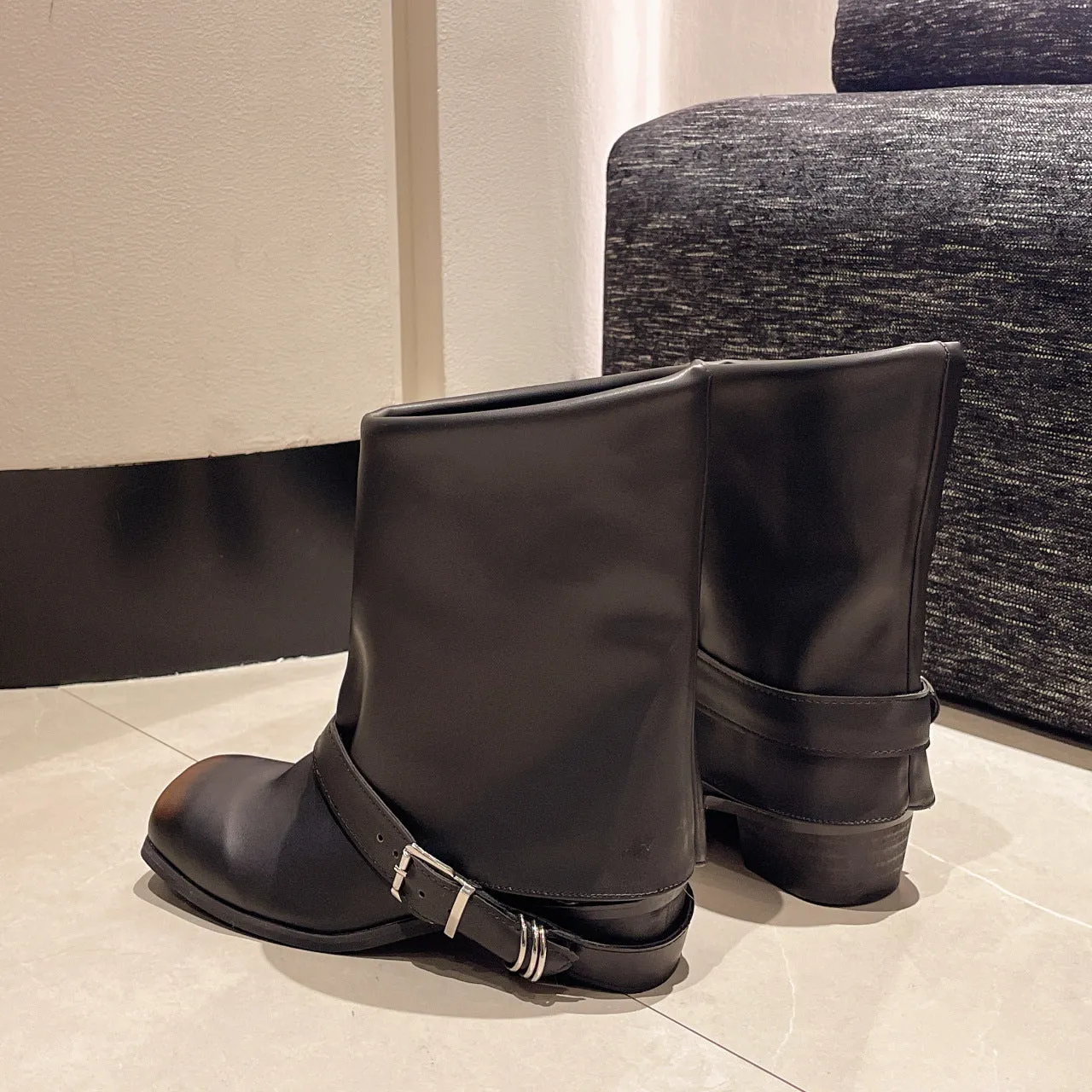 Punk Square Toe Distressed Boots Belt Buckle