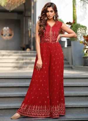 Red and Gold Embroidered Western Jump Suit