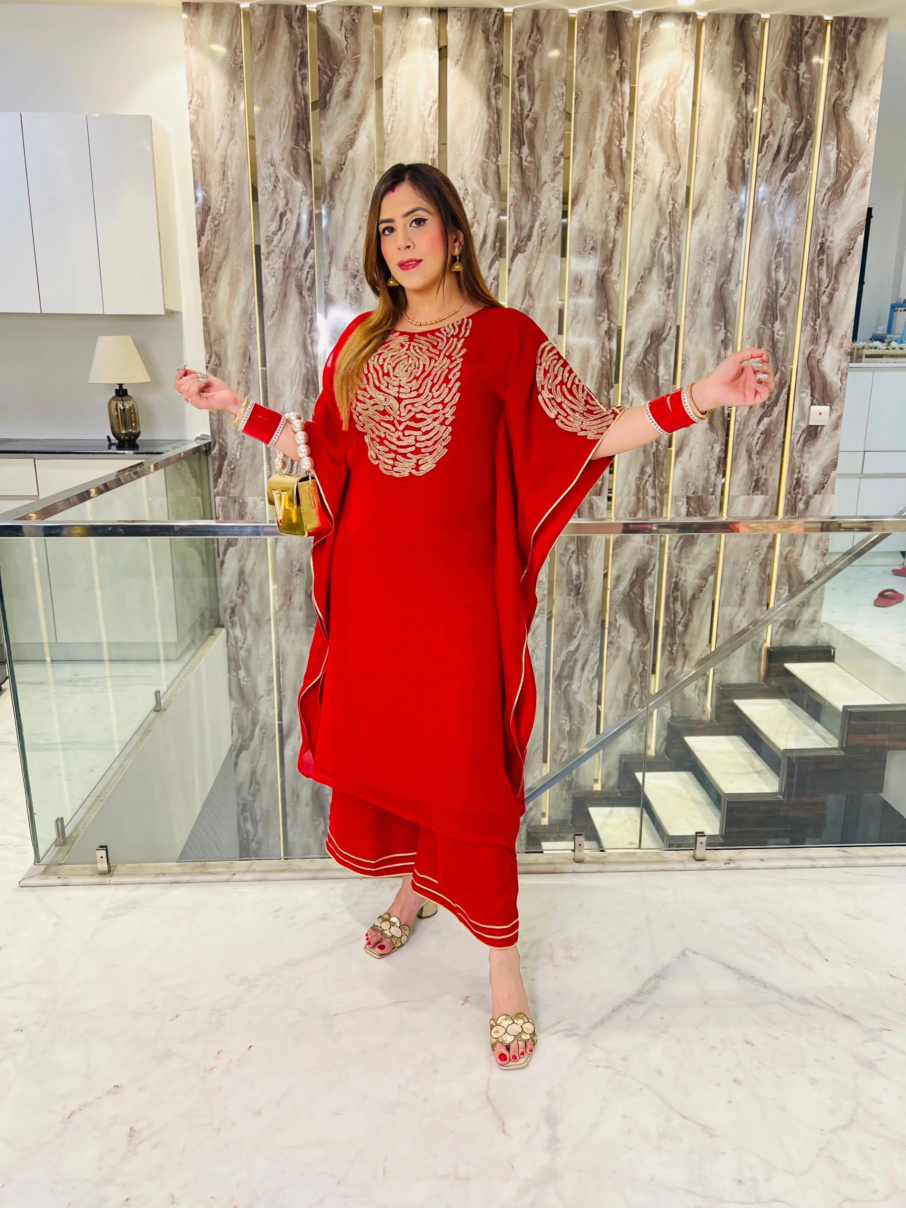 Red Embroidered Kaftaan Set