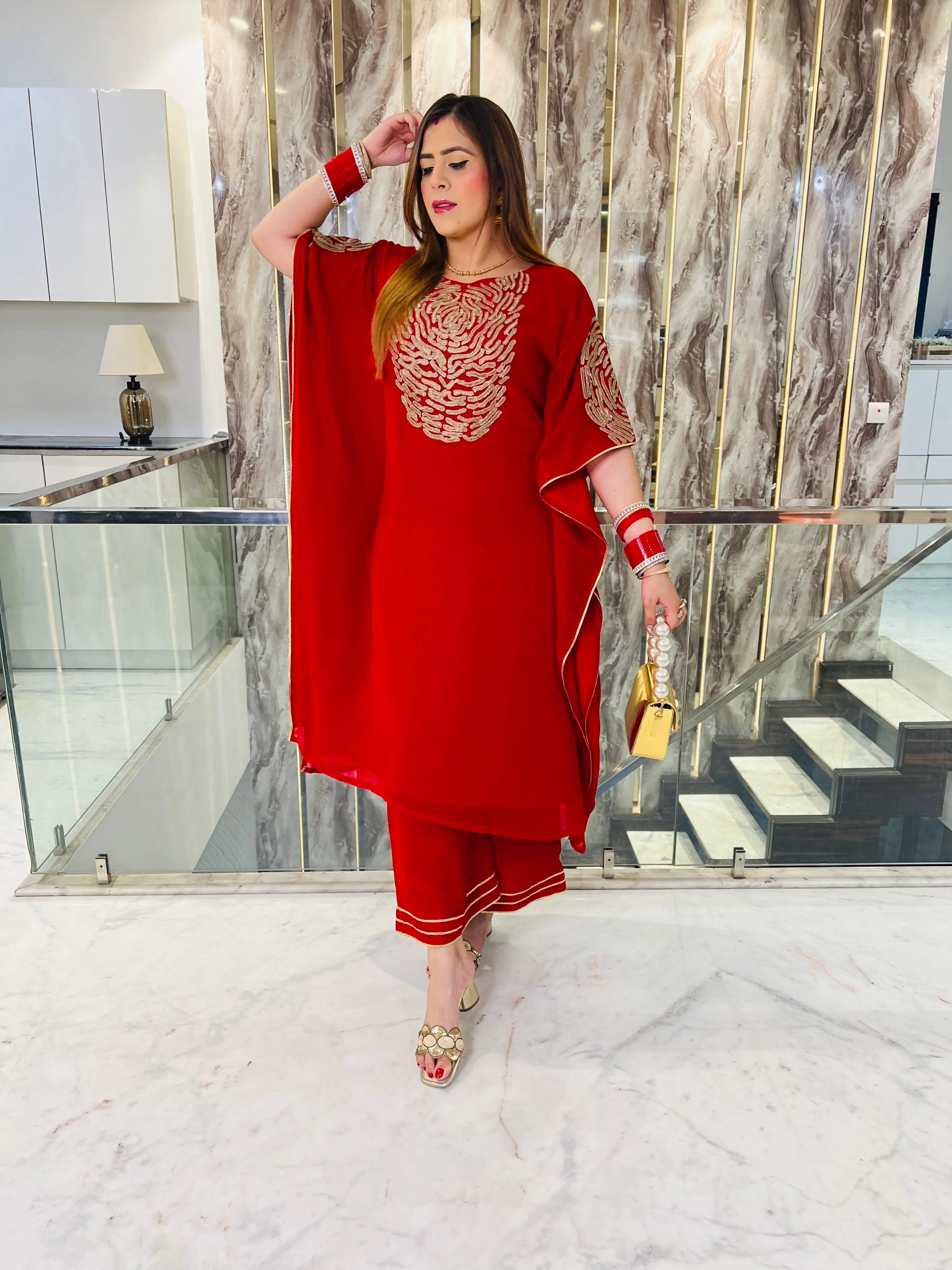 Red Embroidered Kaftaan Set