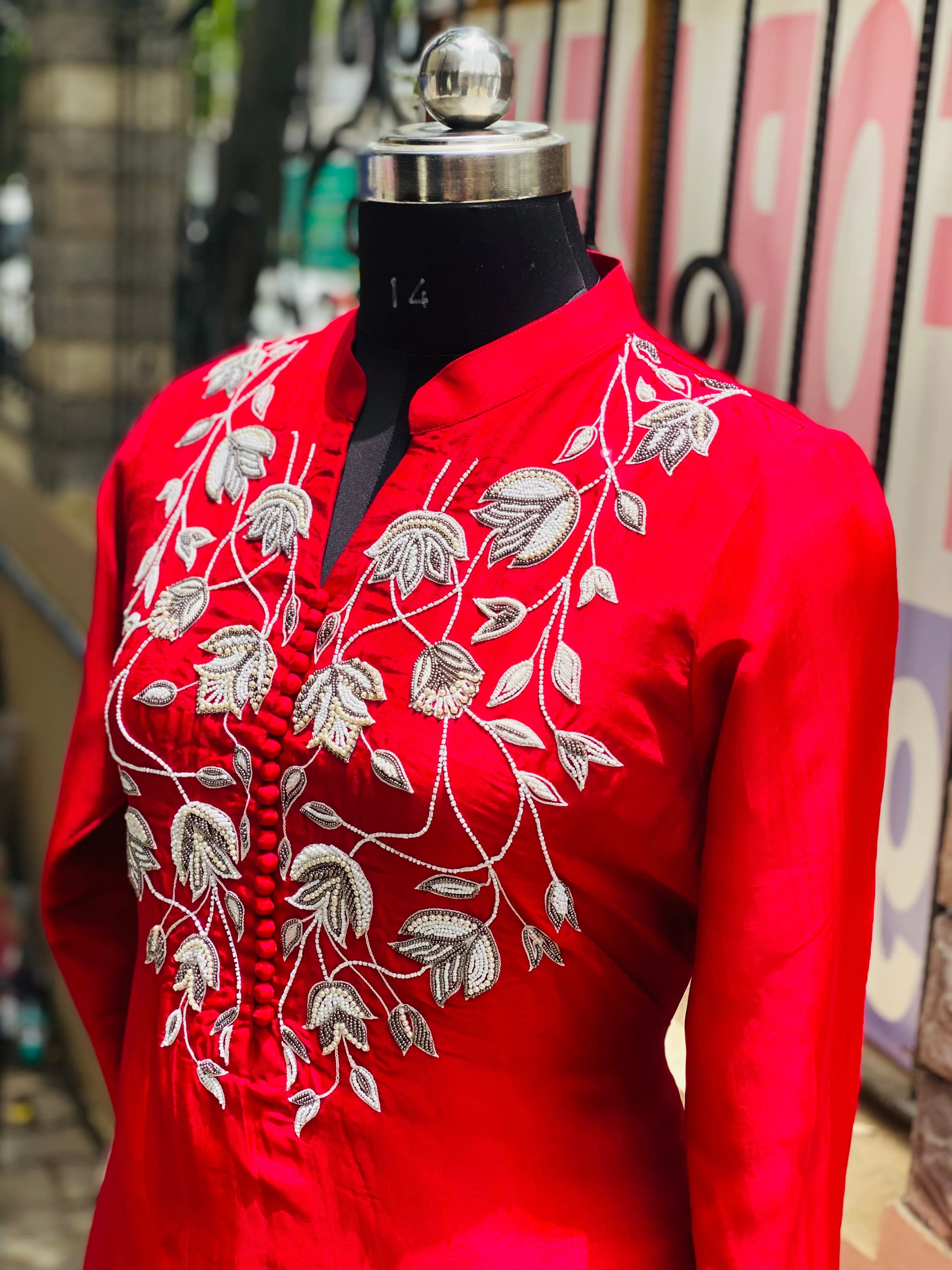 Red Embroidered Kurti Set