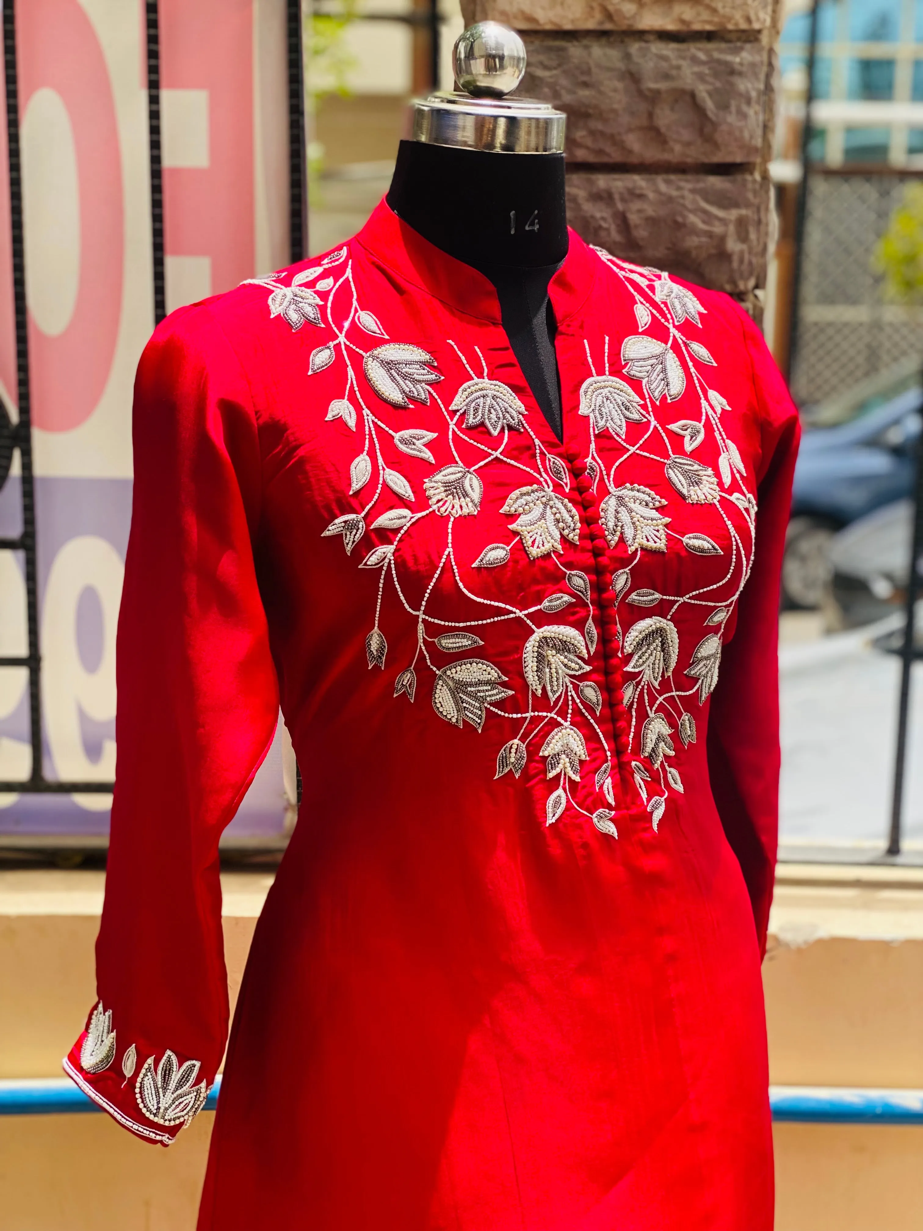 Red Embroidered Kurti Set