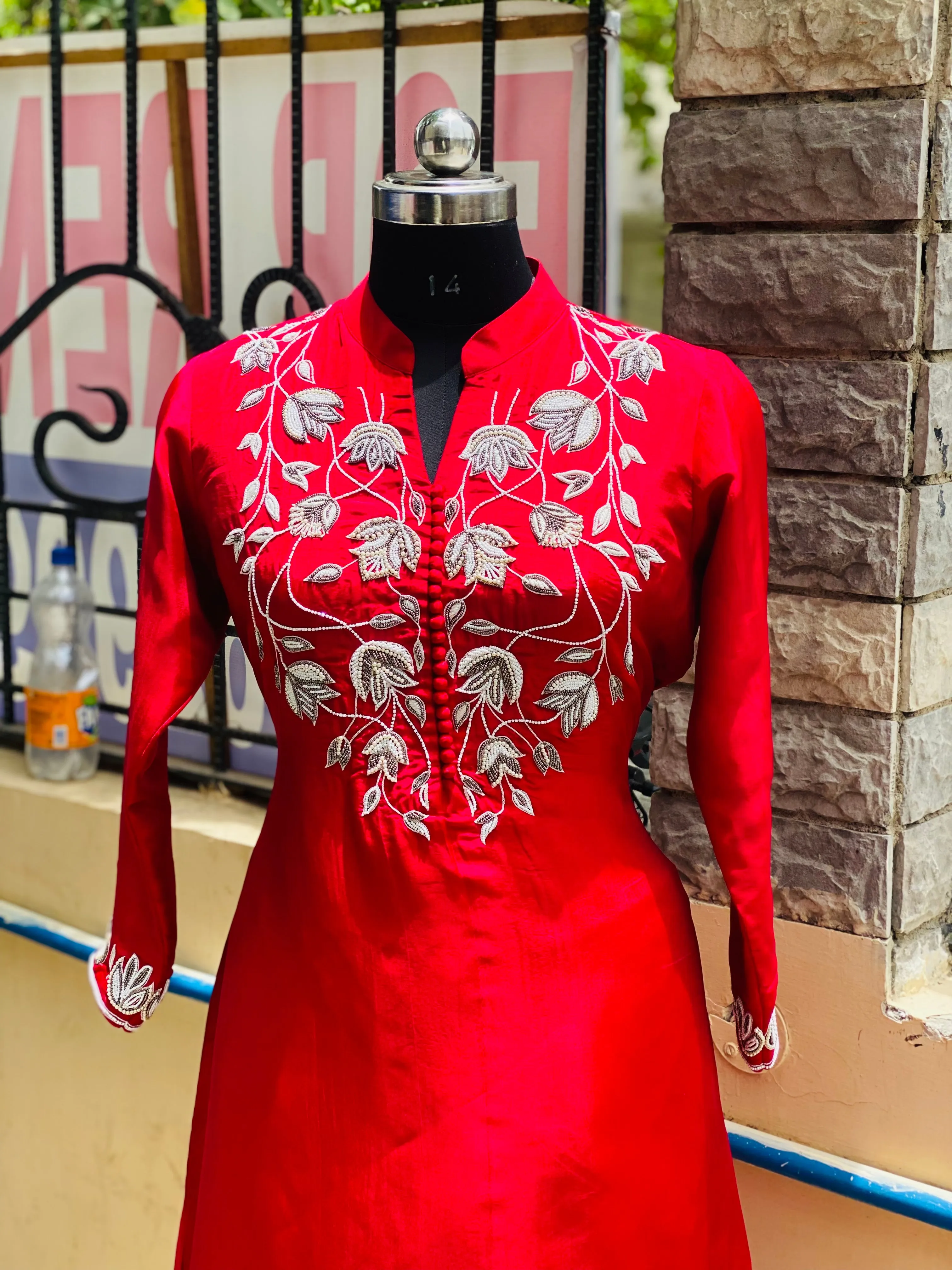 Red Embroidered Kurti Set