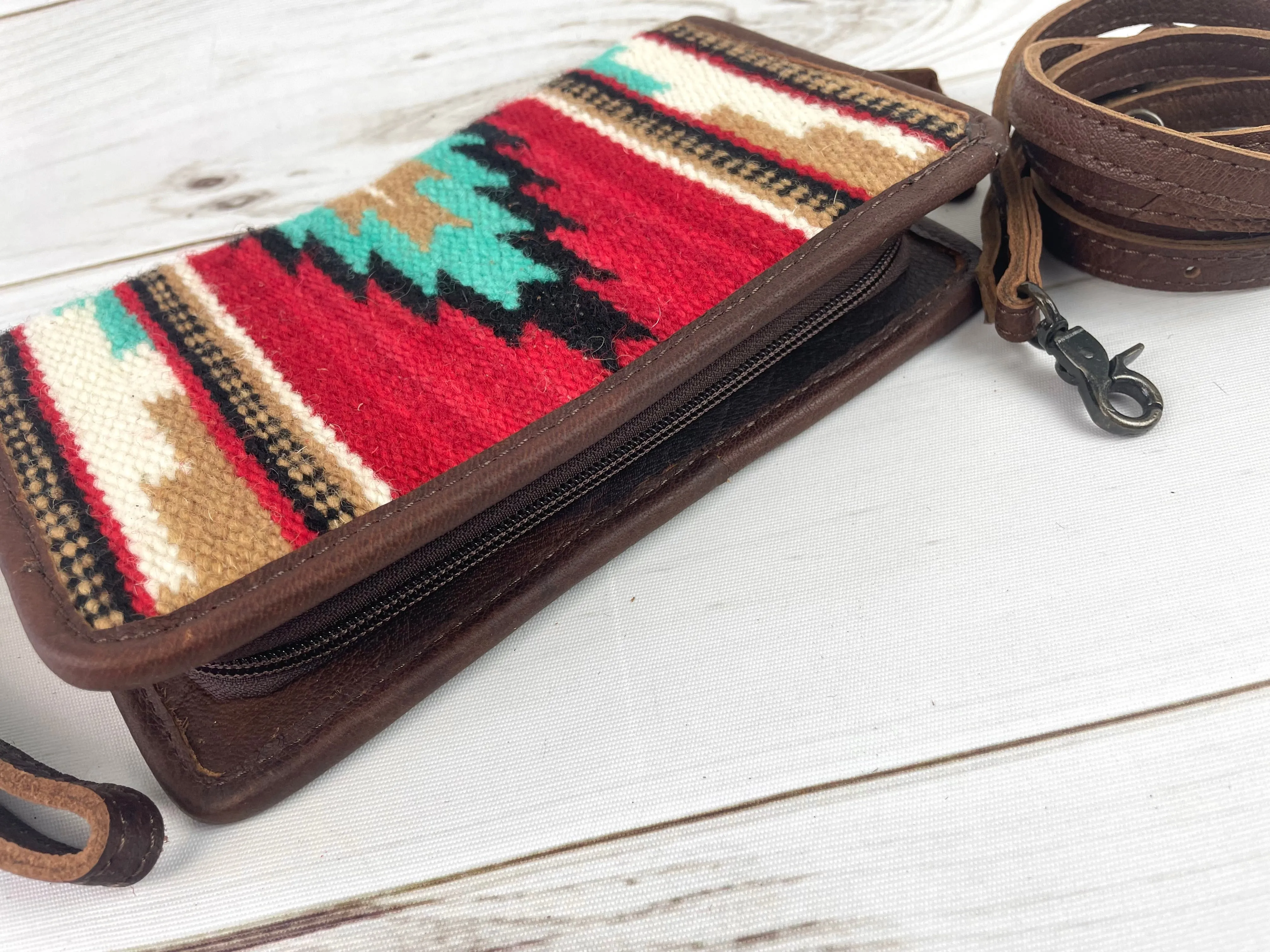 Red Turquoise Diamond Pattern Wool & Leather Carryall Wallet