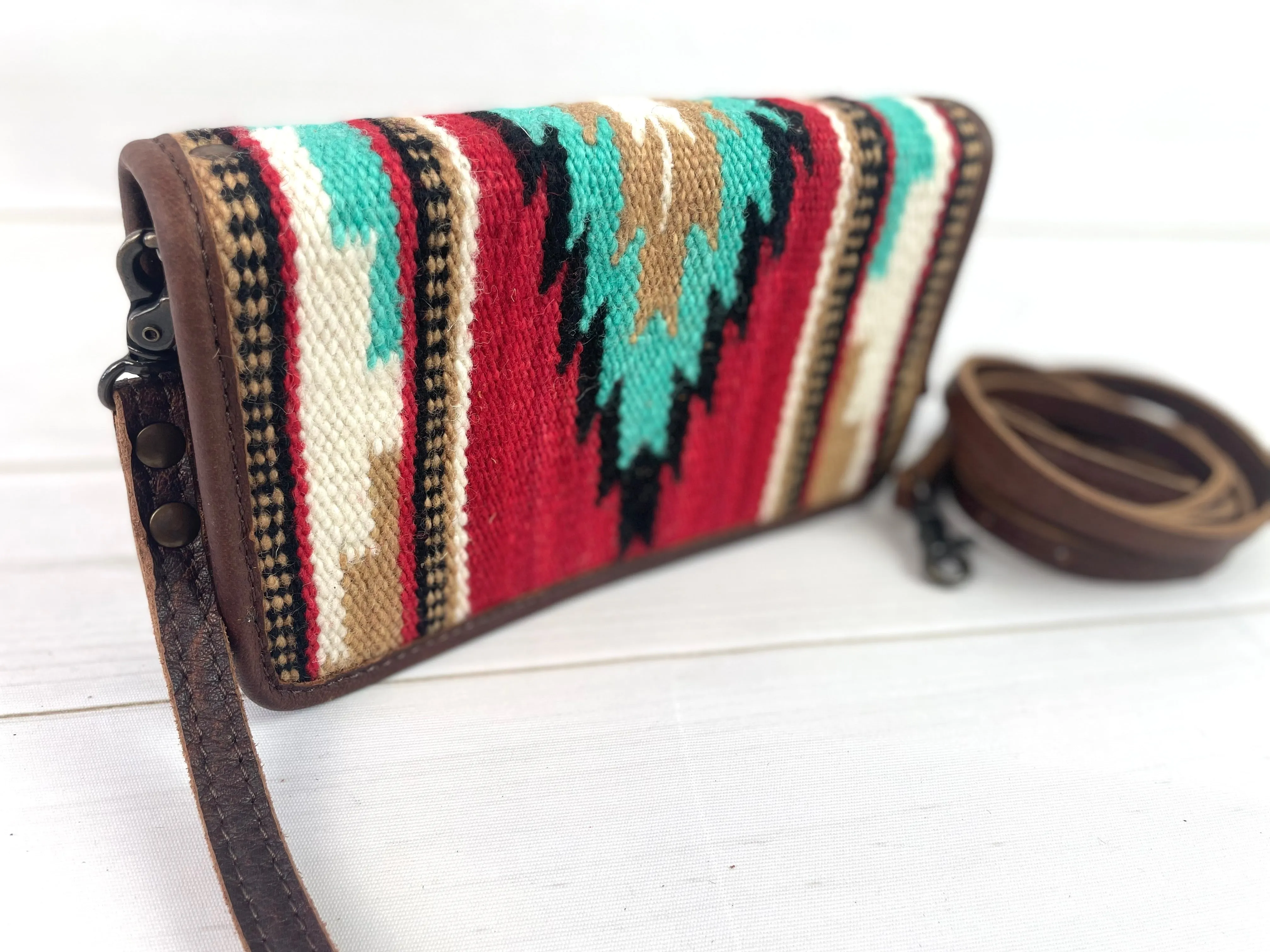 Red Turquoise Diamond Pattern Wool & Leather Carryall Wallet