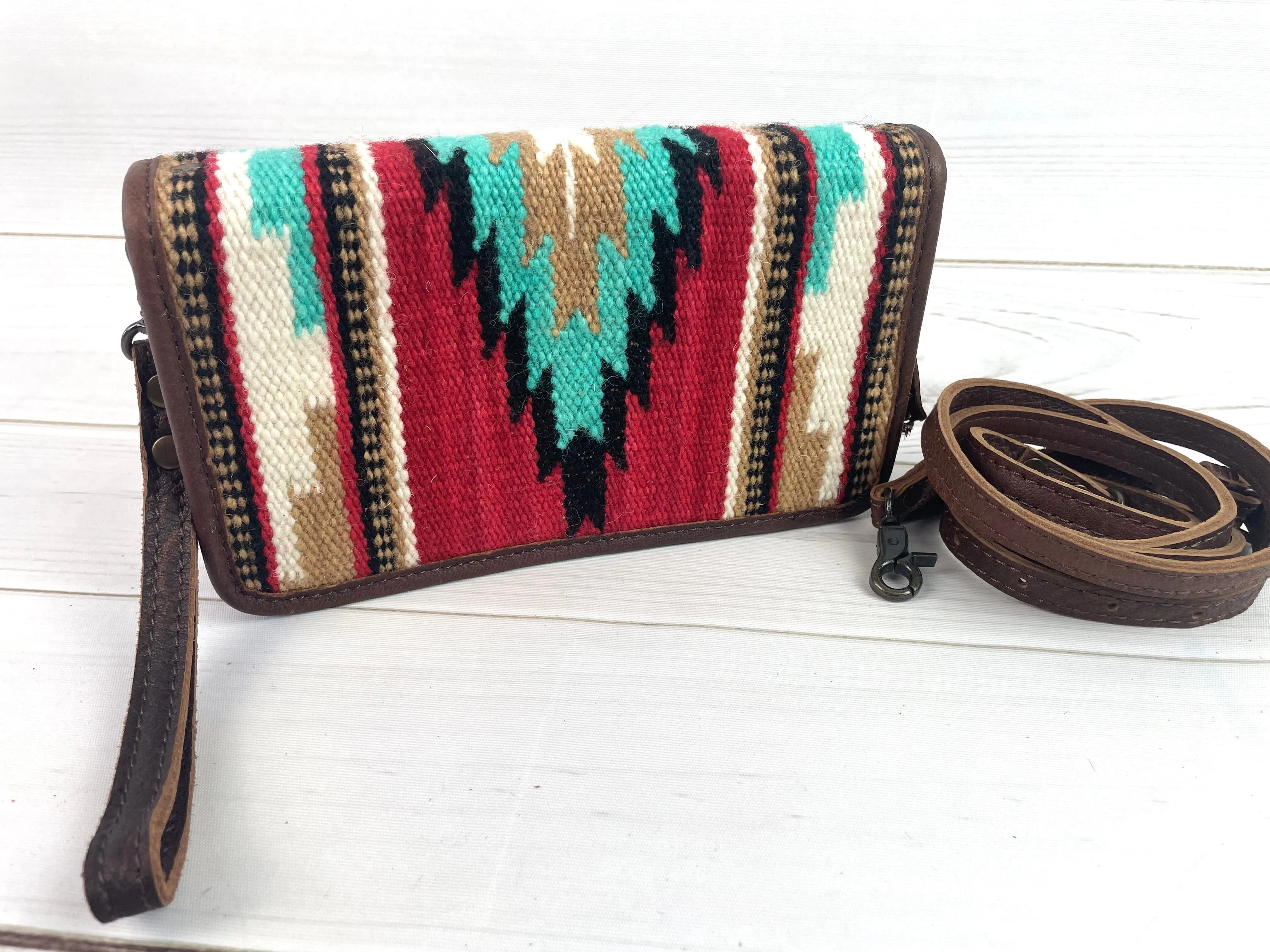 Red Turquoise Diamond Pattern Wool & Leather Carryall Wallet