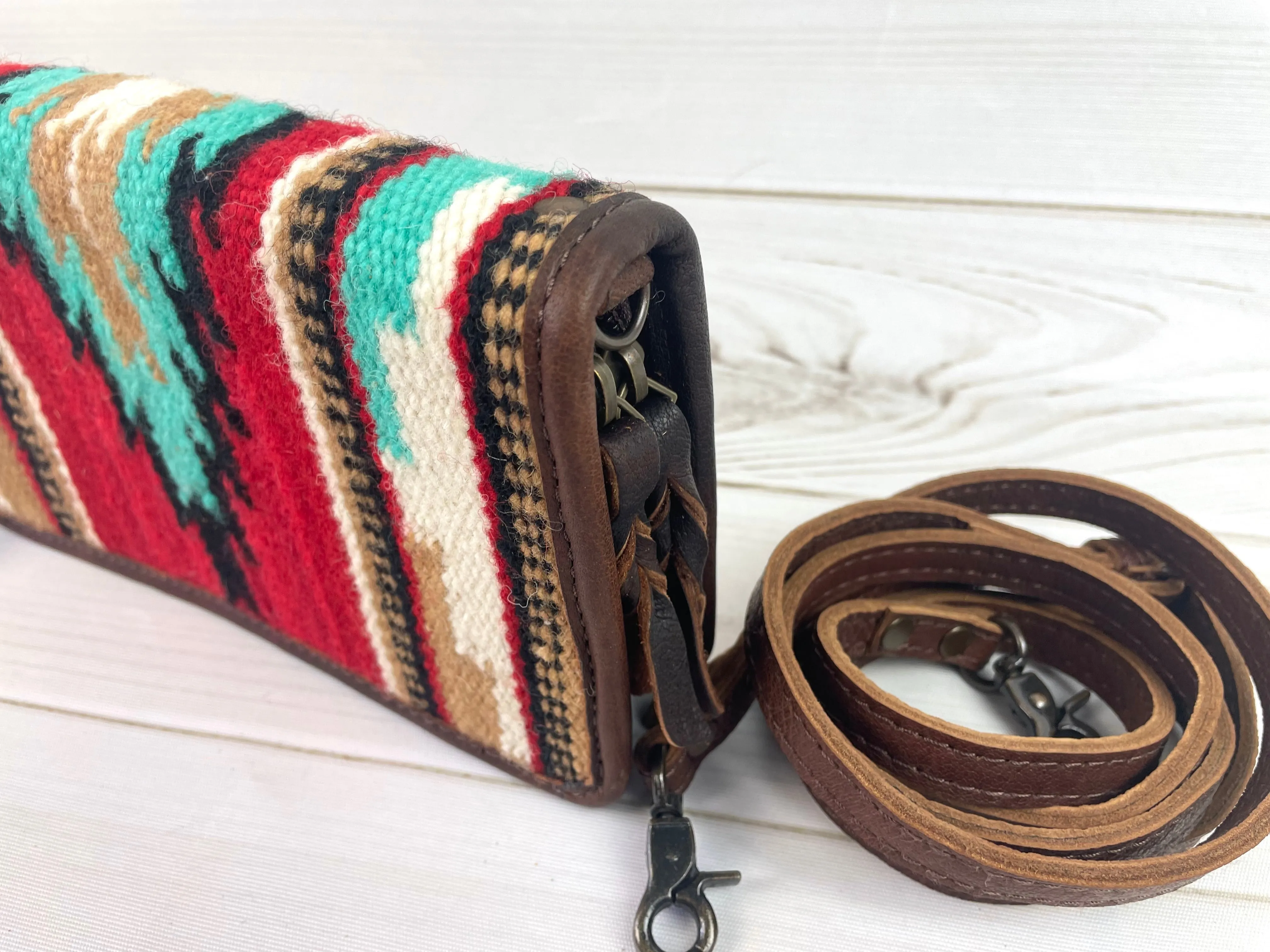 Red Turquoise Diamond Pattern Wool & Leather Carryall Wallet