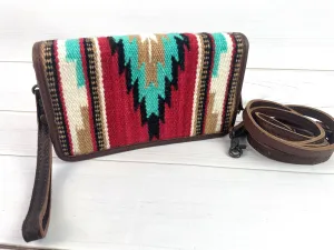 Red Turquoise Diamond Pattern Wool & Leather Carryall Wallet