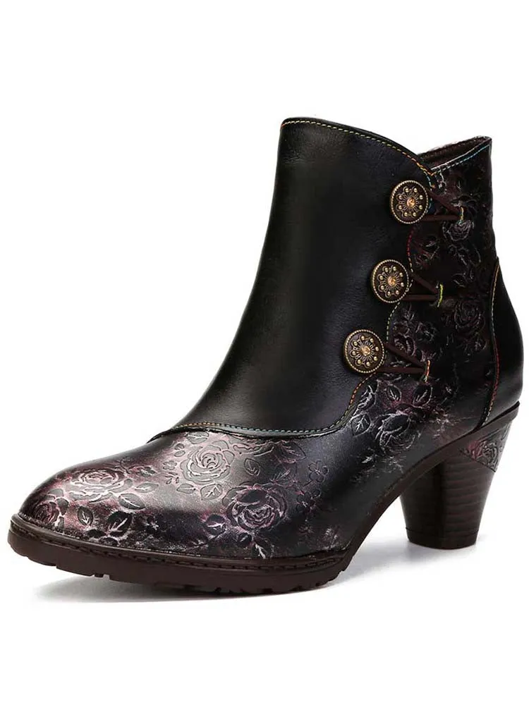 Retro Handmade Floral Stitching Button Boots
