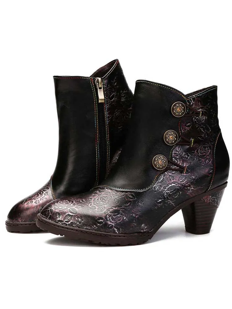 Retro Handmade Floral Stitching Button Boots