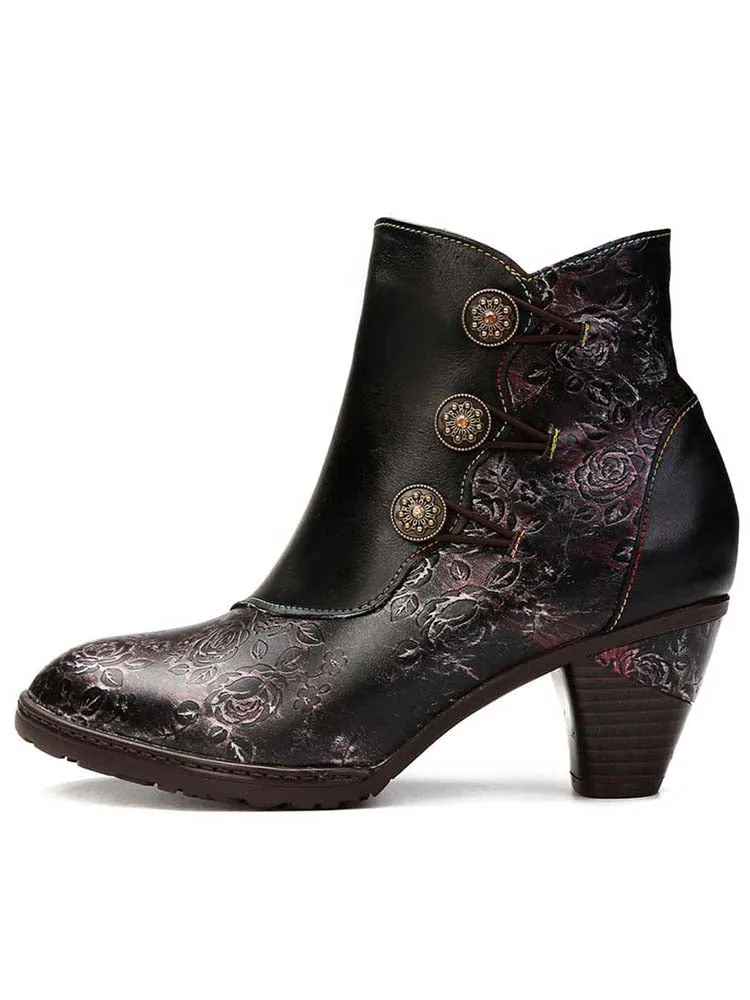 Retro Handmade Floral Stitching Button Boots