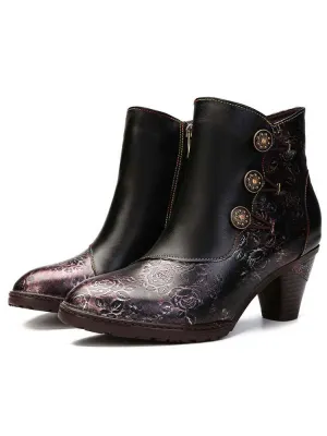 Retro Handmade Floral Stitching Button Boots