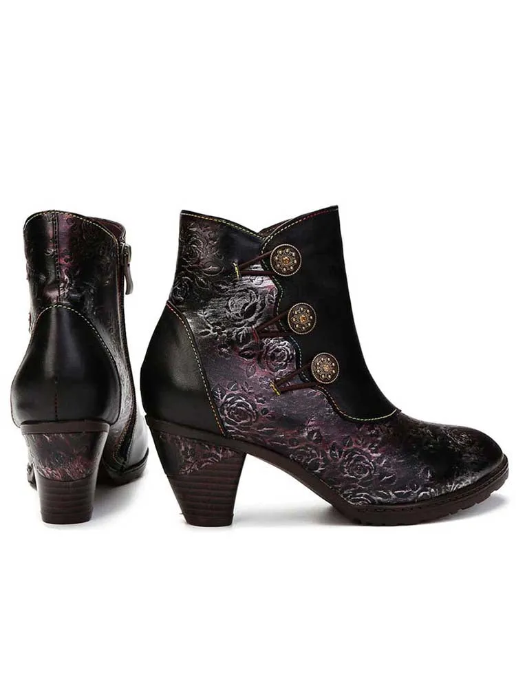 Retro Handmade Floral Stitching Button Boots