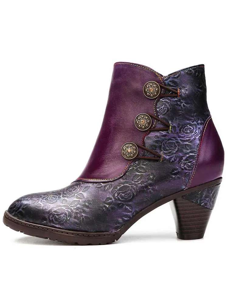 Retro Handmade Floral Stitching Button Boots