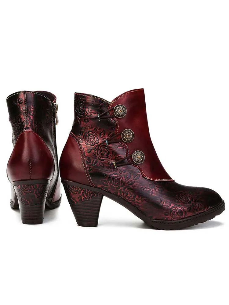 Retro Handmade Floral Stitching Button Boots