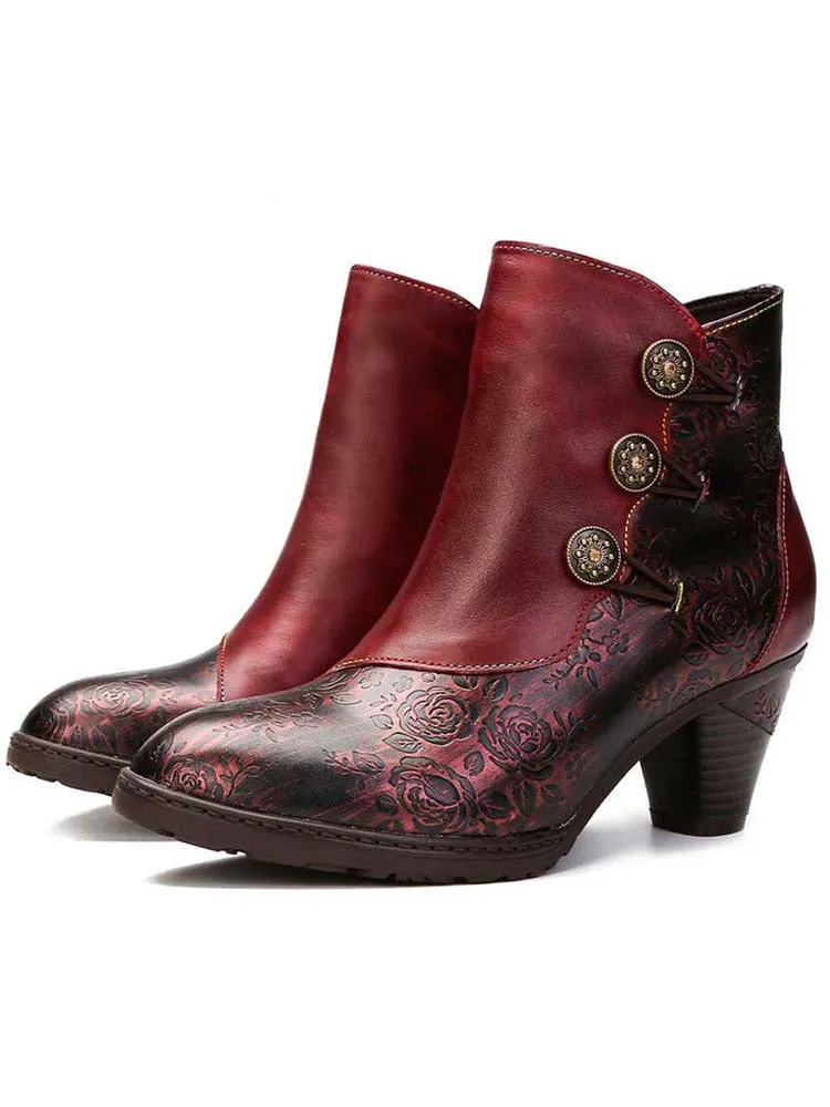 Retro Handmade Floral Stitching Button Boots