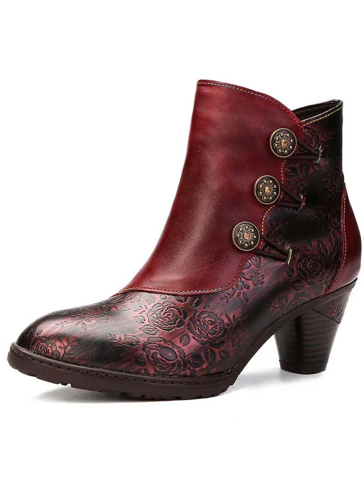 Retro Handmade Floral Stitching Button Boots
