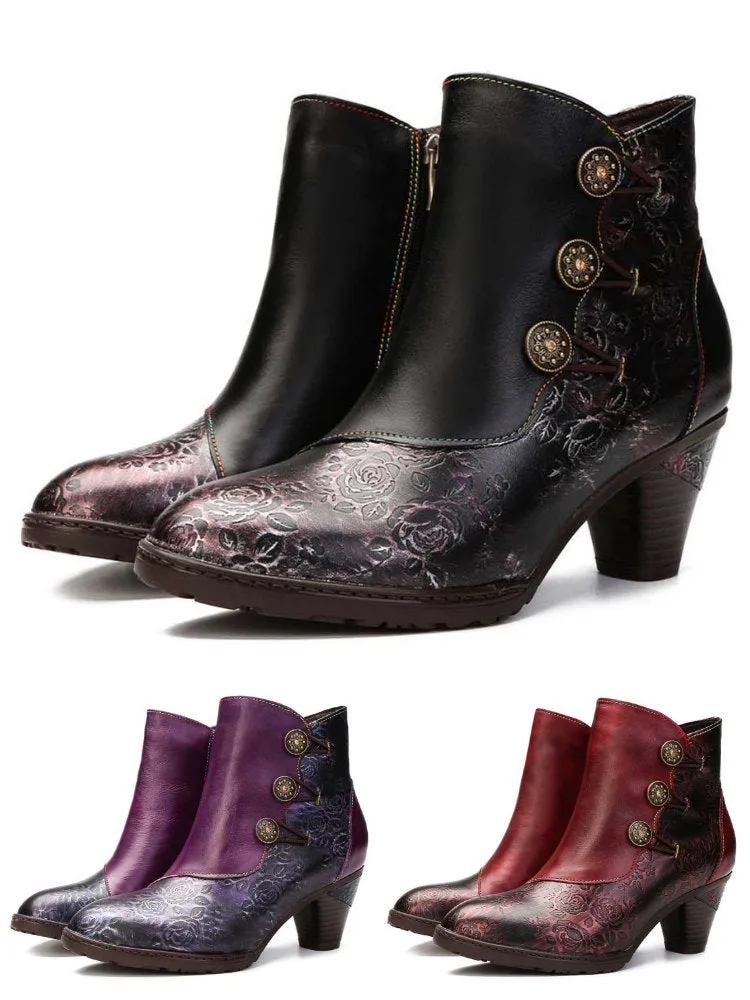 Retro Handmade Floral Stitching Button Boots