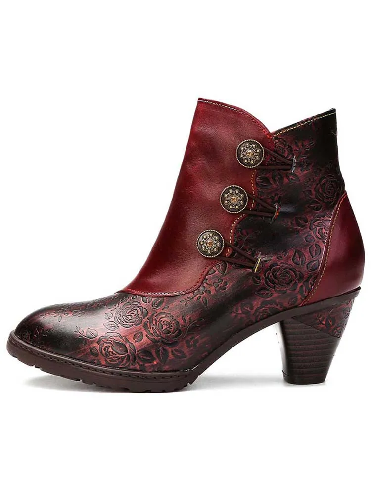 Retro Handmade Floral Stitching Button Boots