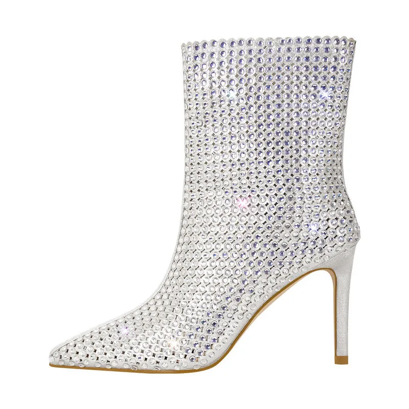 Rhinestone Pointed Toe Stiletto Ankle Boots