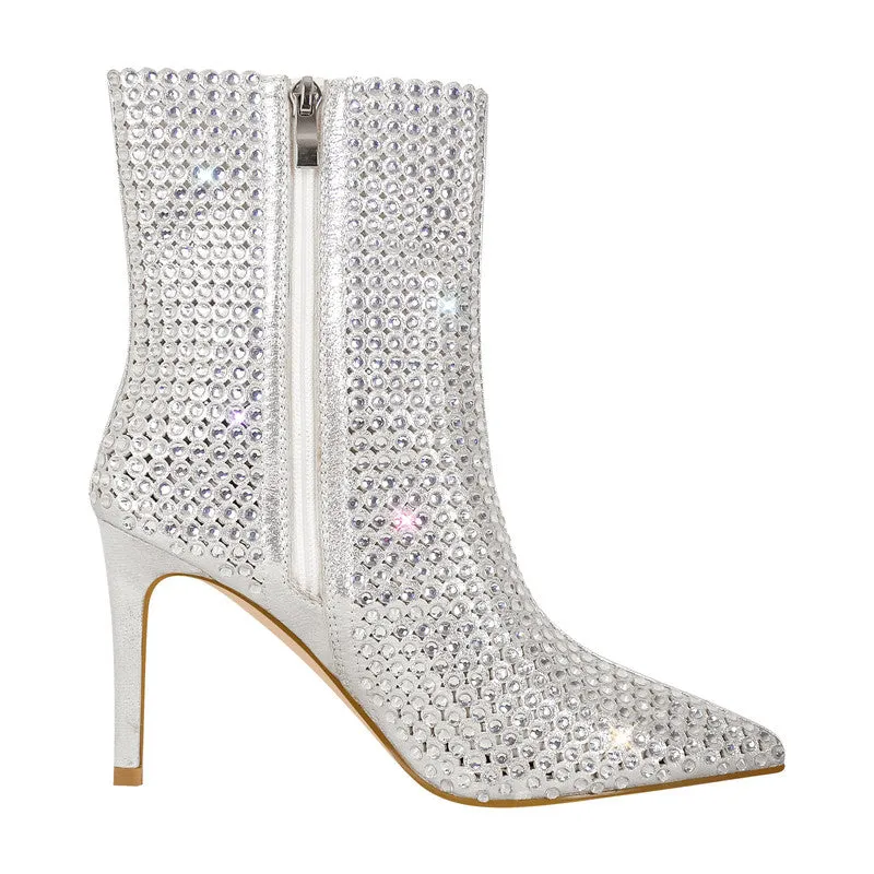 Rhinestone Pointed Toe Stiletto Ankle Boots