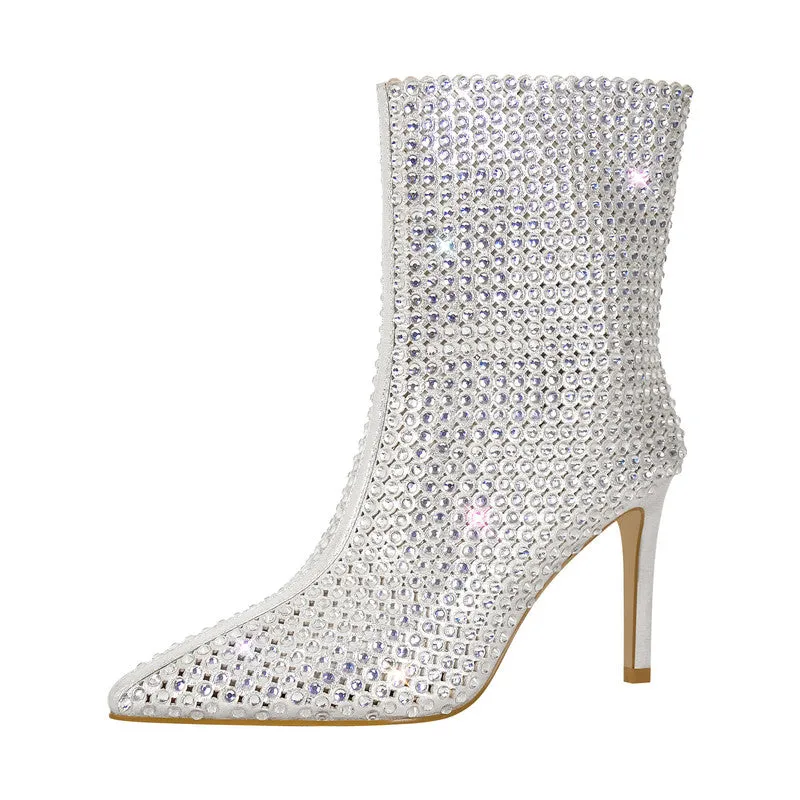 Rhinestone Pointed Toe Stiletto Ankle Boots
