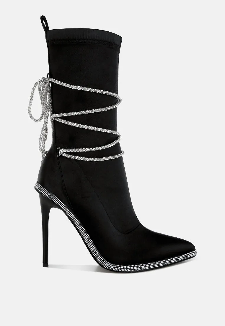 Rhinestones Strap Satin Calf Boots By RAG