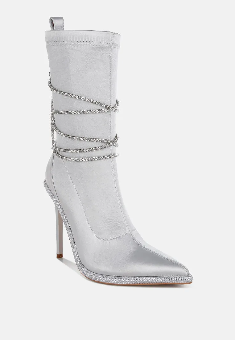 Rhinestones Strap Satin Calf Boots By RUW