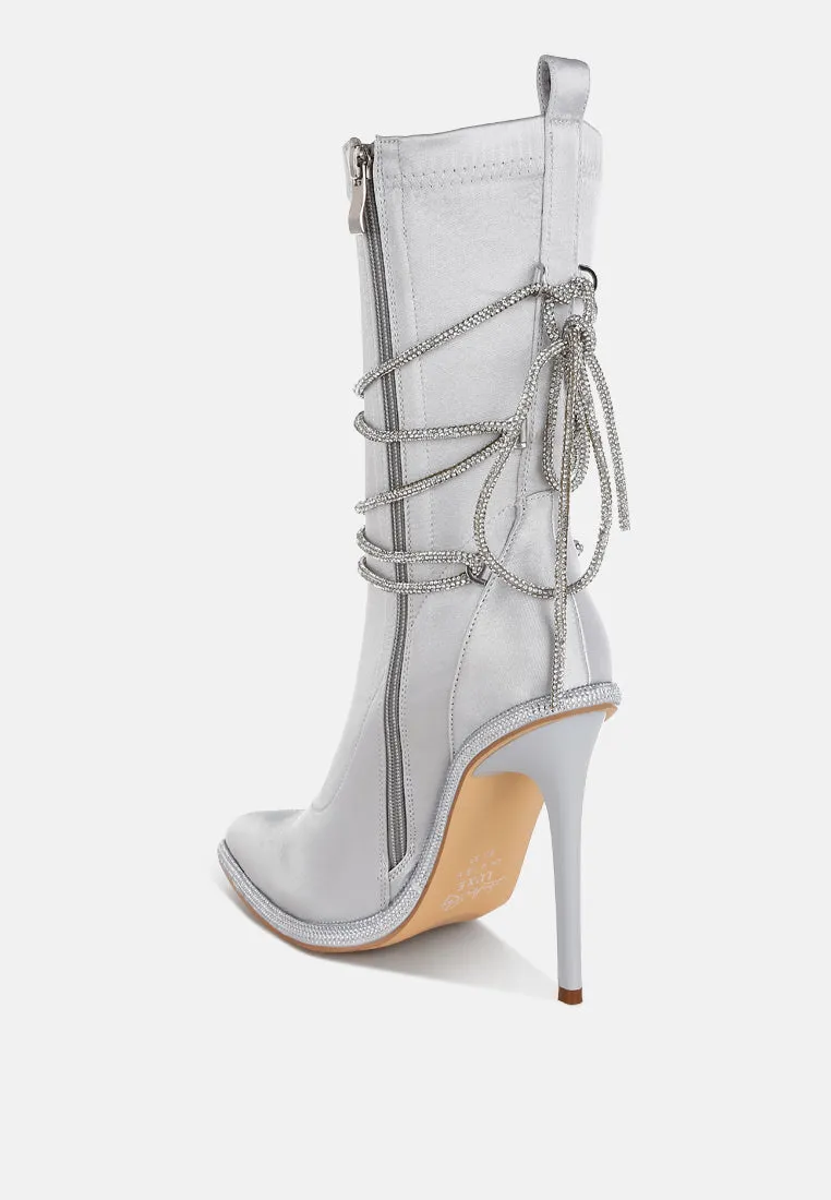 Rhinestones Strap Satin Calf Boots By RUW