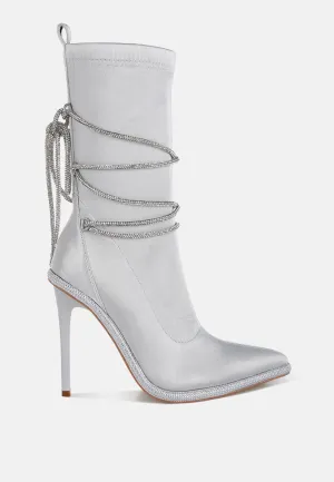 Rhinestones Strap Satin Calf Boots By RUW